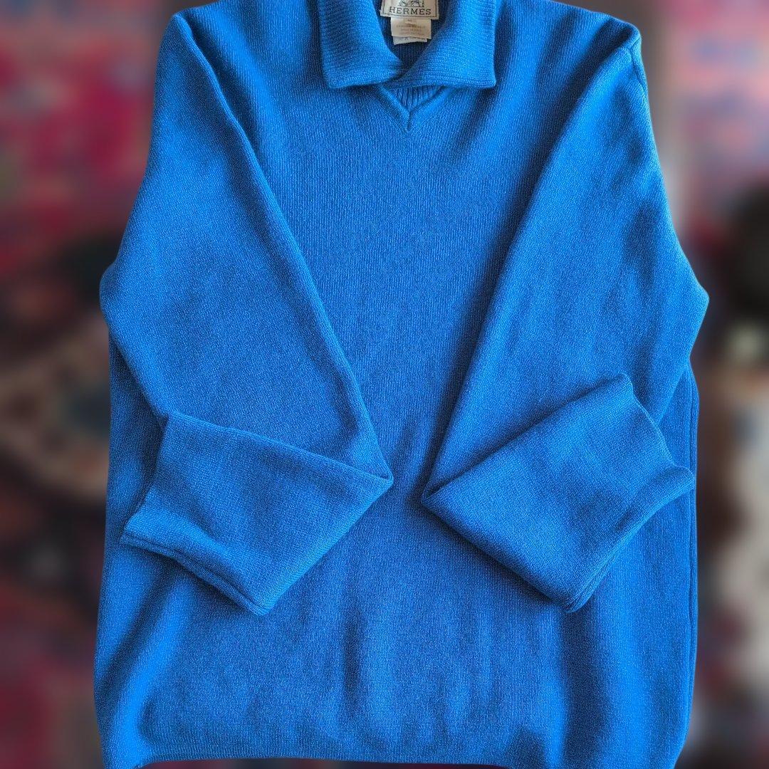 HERMES ブルー Vネックポロシャツ Mサイズ肉厚カシミヤ100%