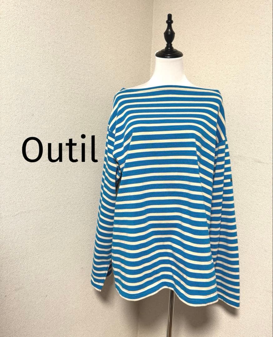 未使用＊Outilターコイズ×ホワイトバスクシャツサイズ0長袖カットソーボーダー