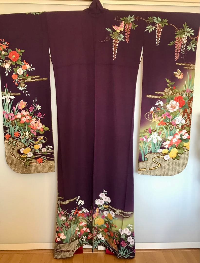 振袖　超美品　正絹　金糸刺繍　濃紫