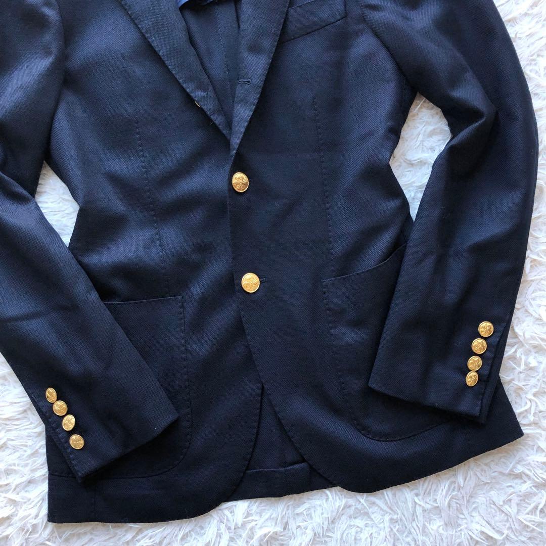 【現行 美品】ビームスエフ　紺ブレ　金ボタン　ウール100% 段返りボタン