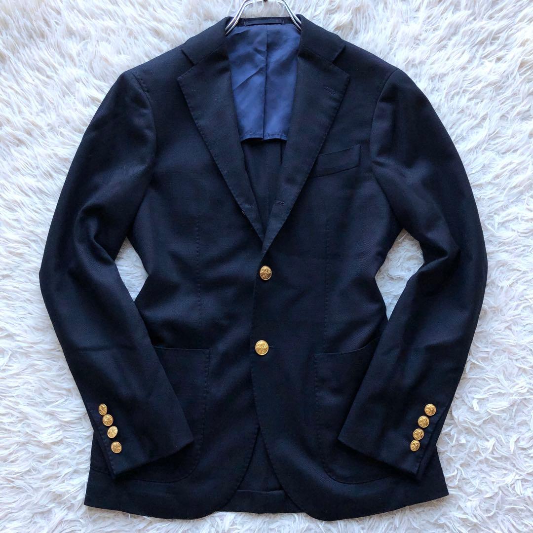 【現行 美品】ビームスエフ　紺ブレ　金ボタン　ウール100% 段返りボタン