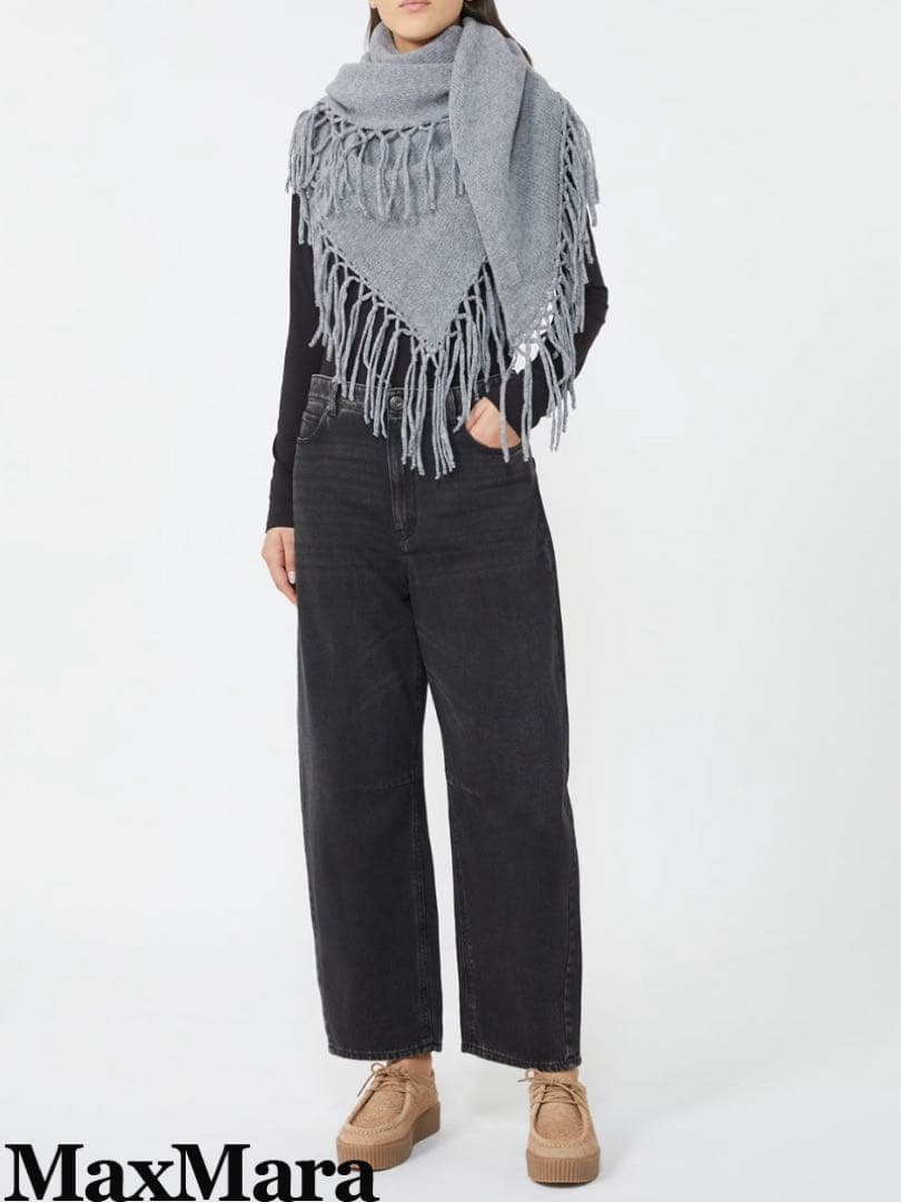 マックスマーラ フリンジデザイン ニットストール グレー