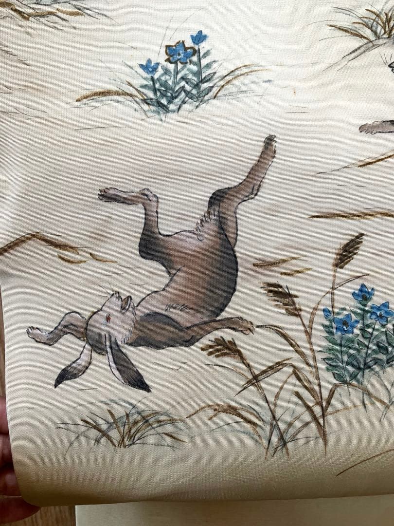 【レア！塩瀬帯】鳥獣戯画のような愛嬌あるうさぎ、作家物☆正絹 塩瀬の名古屋帯