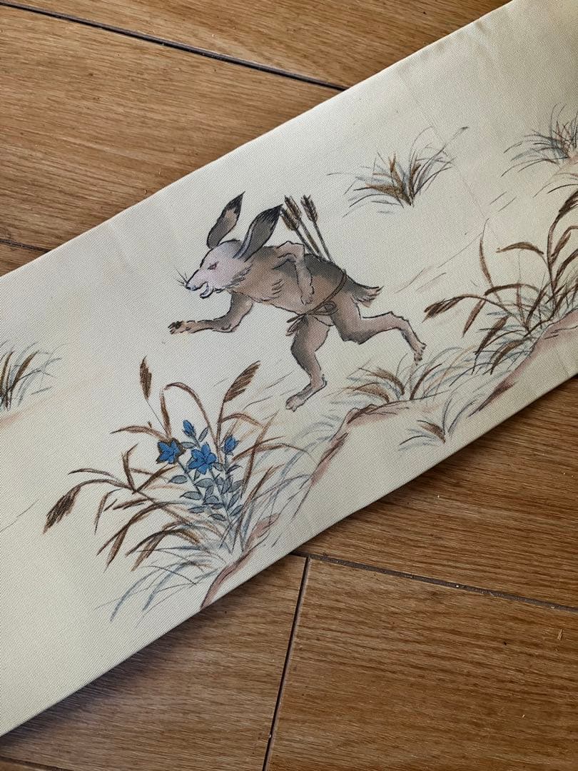 【レア！塩瀬帯】鳥獣戯画のような愛嬌あるうさぎ、作家物☆正絹 塩瀬の名古屋帯