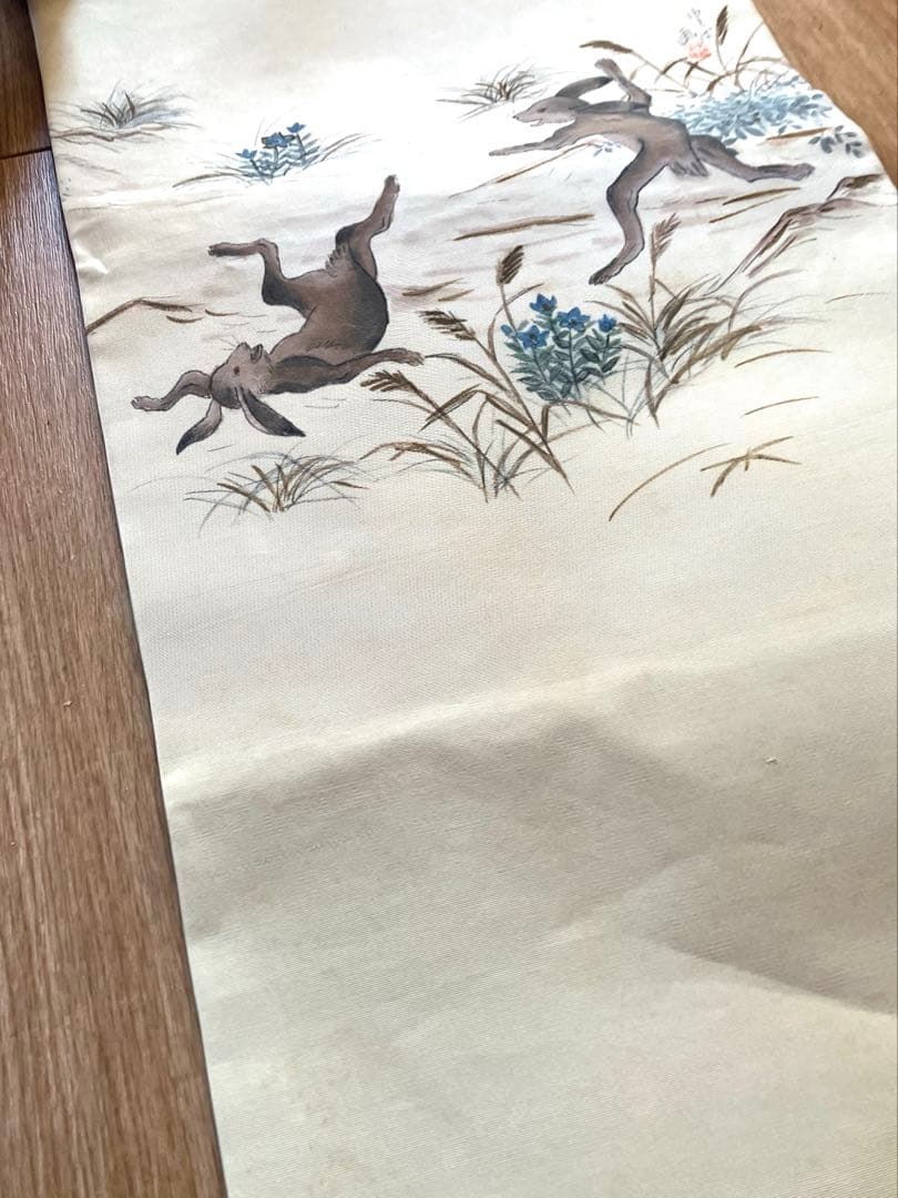 【レア！塩瀬帯】鳥獣戯画のような愛嬌あるうさぎ、作家物☆正絹 塩瀬の名古屋帯