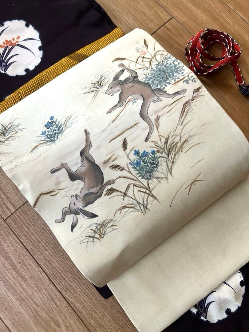 【レア！塩瀬帯】鳥獣戯画のような愛嬌あるうさぎ、作家物☆正絹 塩瀬の名古屋帯
