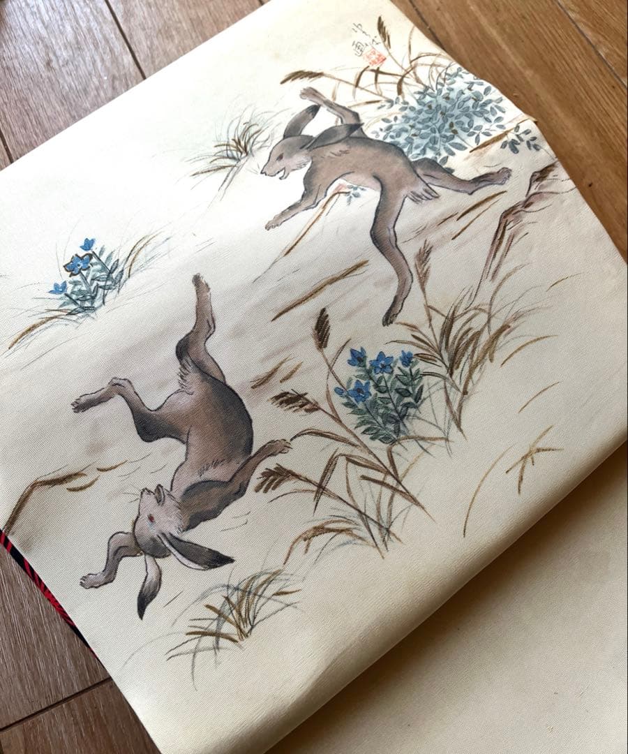 【レア！塩瀬帯】鳥獣戯画のような愛嬌あるうさぎ、作家物☆正絹 塩瀬の名古屋帯