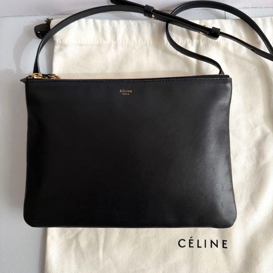 美品 CELINE セリーヌ 旧ロゴ トリオ ラージ 黒 ショルダー 保存袋