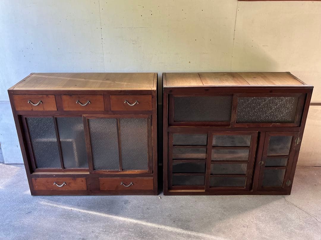 s*n様 アンティーク木製 ガラス戸棚 水屋箪笥レトロ 二段式食器棚