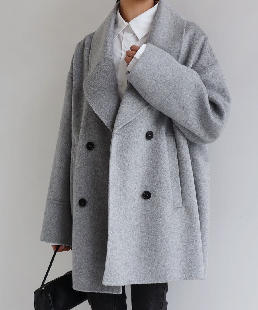 【美品✨️】エバーネイビー ウールリバーピーコート ライトグレー　アンドミー