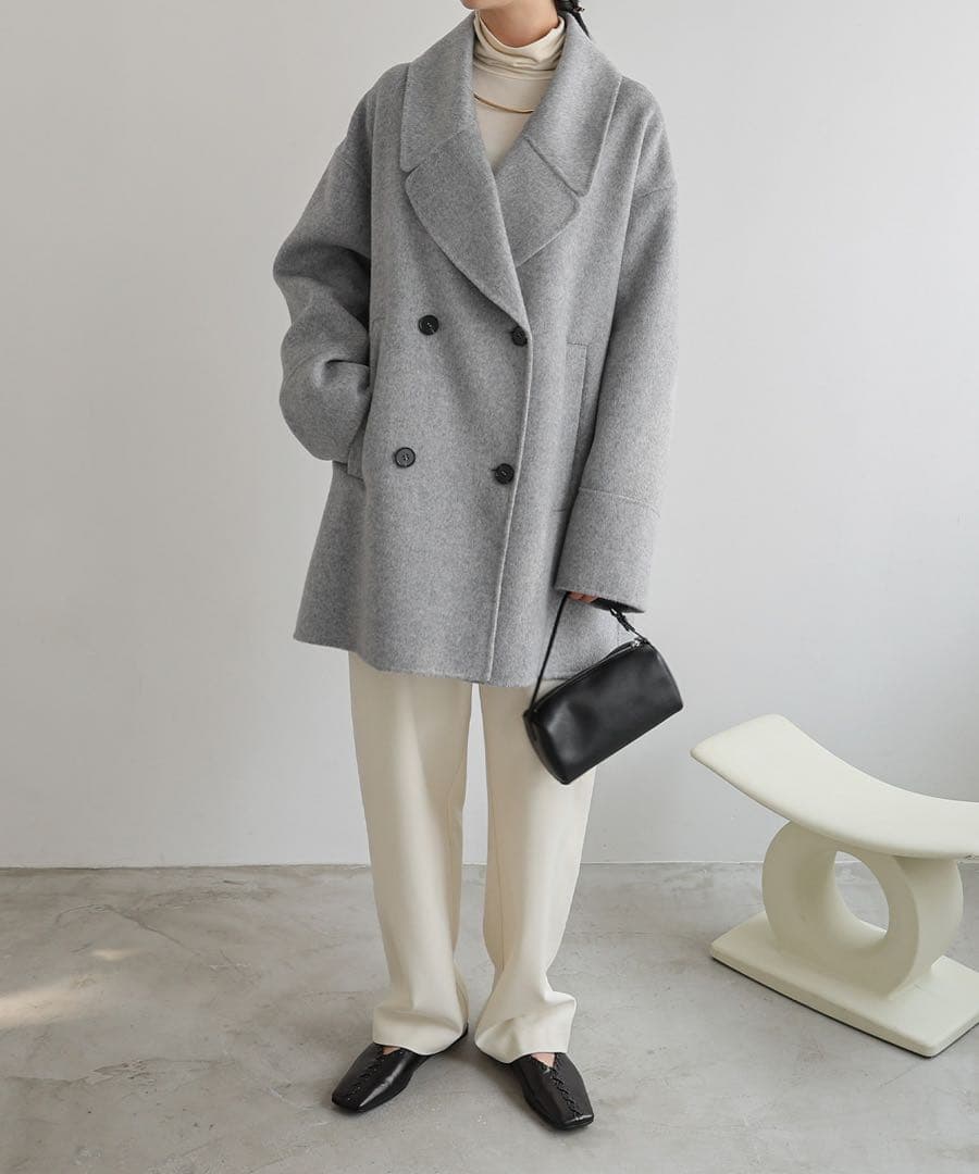 【美品✨️】エバーネイビー ウールリバーピーコート ライトグレー　アンドミー