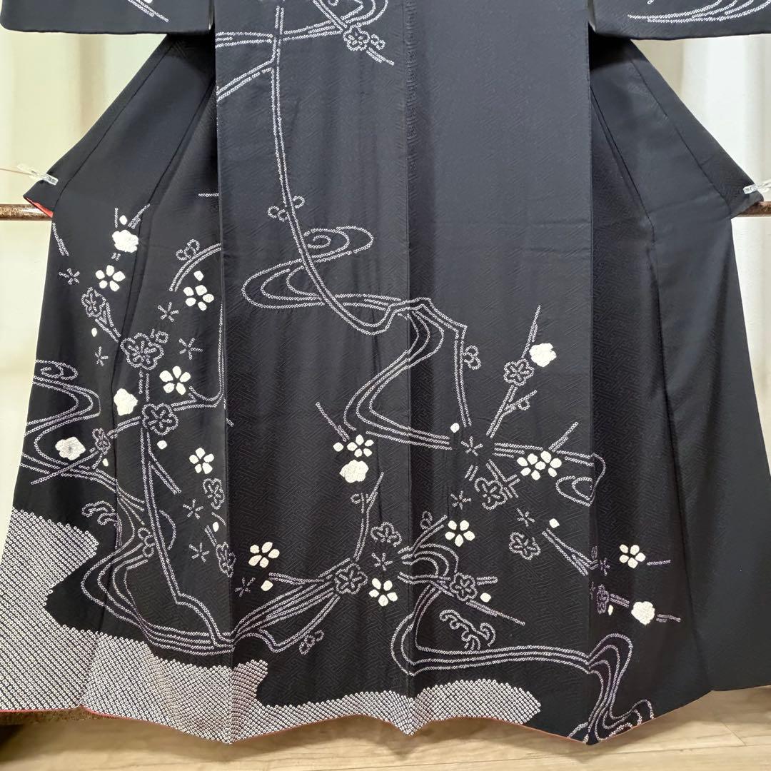 超美品　正絹　袷　現代　絞り　広襟　訪問着　着物　163　黒　シンプル　梅