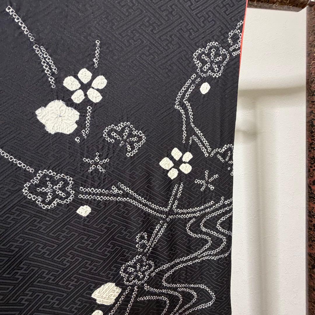 超美品　正絹　袷　現代　絞り　広襟　訪問着　着物　163　黒　シンプル　梅