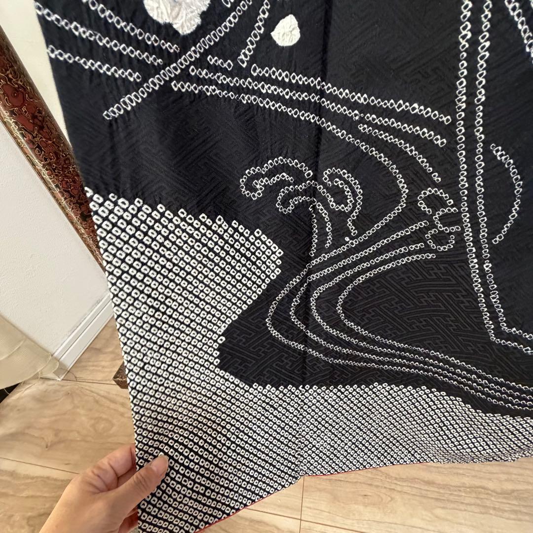 超美品　正絹　袷　現代　絞り　広襟　訪問着　着物　163　黒　シンプル　梅