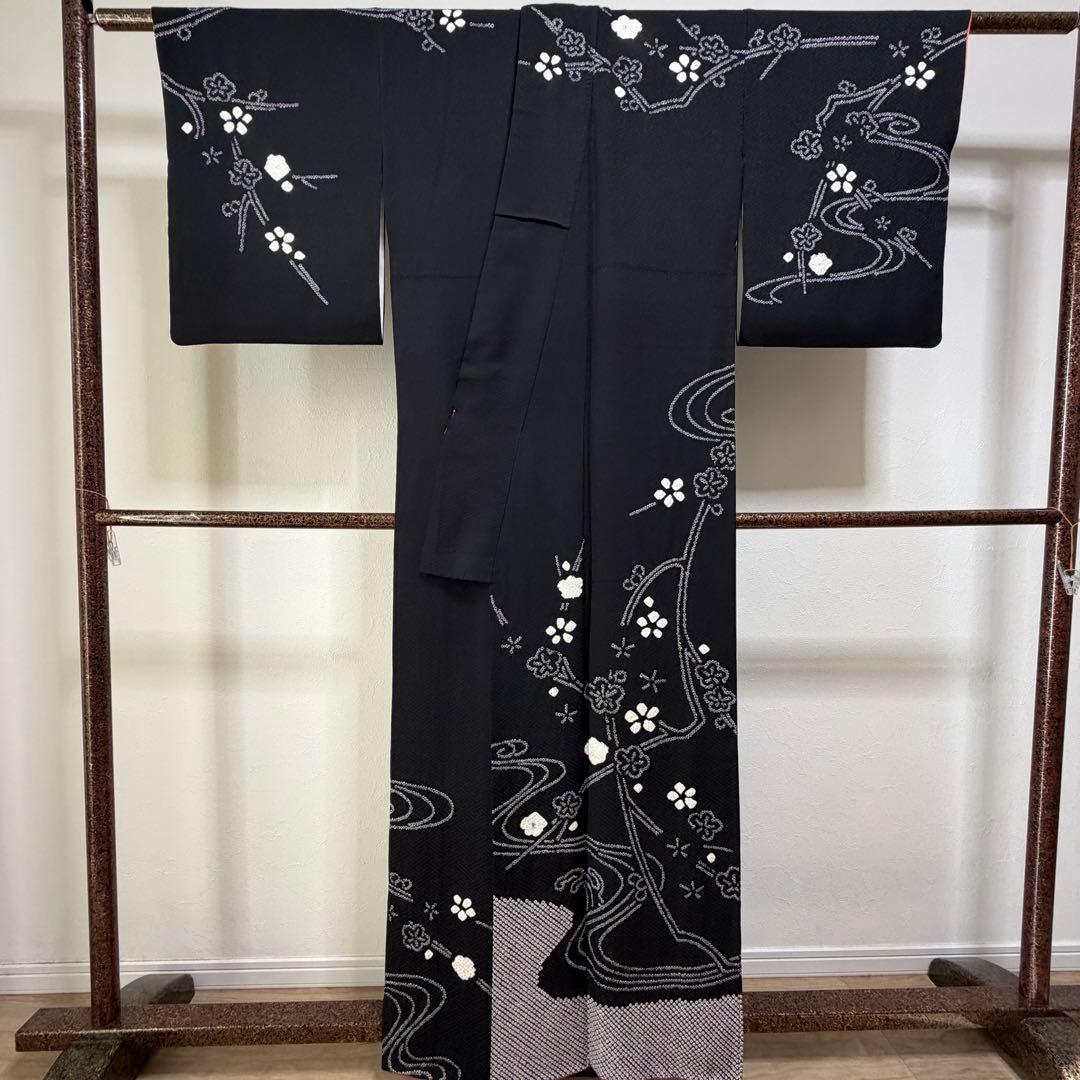 超美品　正絹　袷　現代　絞り　広襟　訪問着　着物　163　黒　シンプル　梅