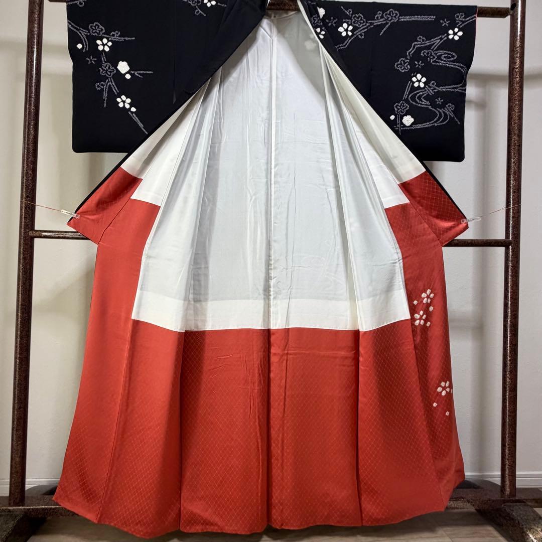 超美品　正絹　袷　現代　絞り　広襟　訪問着　着物　163　黒　シンプル　梅