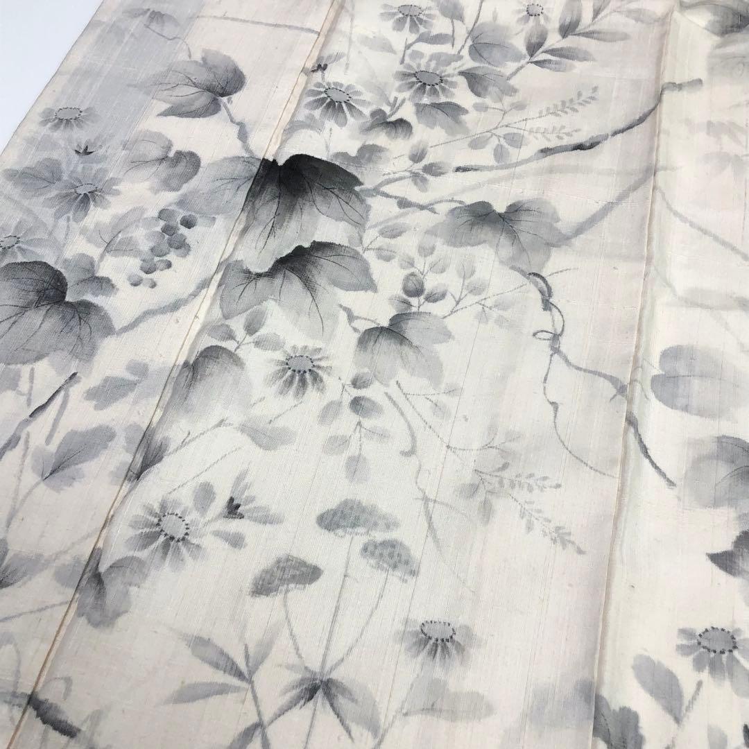 訪問着 紬 花草模様 葡萄 炭描き 乳白色 KK-2202