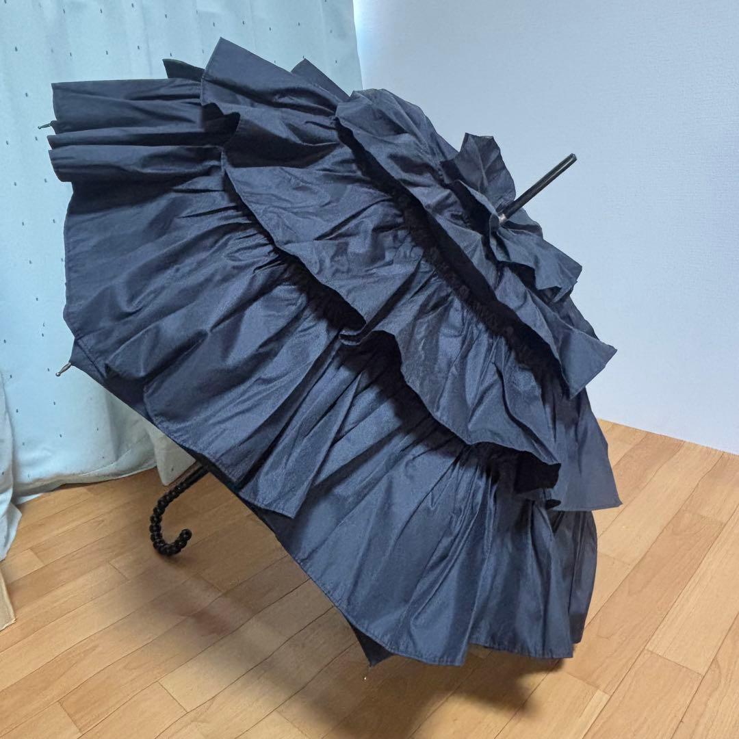 フランス製 マドレーヌヴィオネ　傘　フリル傘　ブラック　雨傘　長傘