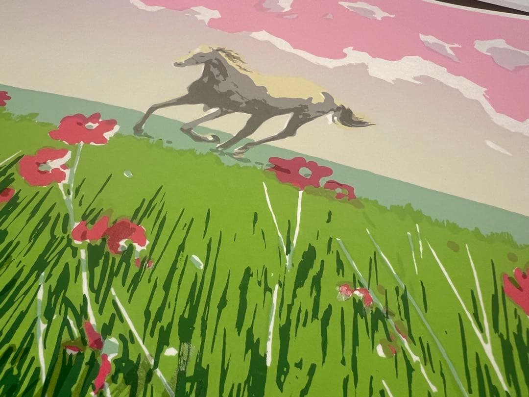 風とコスモス シルクスクリーン　本間武男 版画 額縁入り