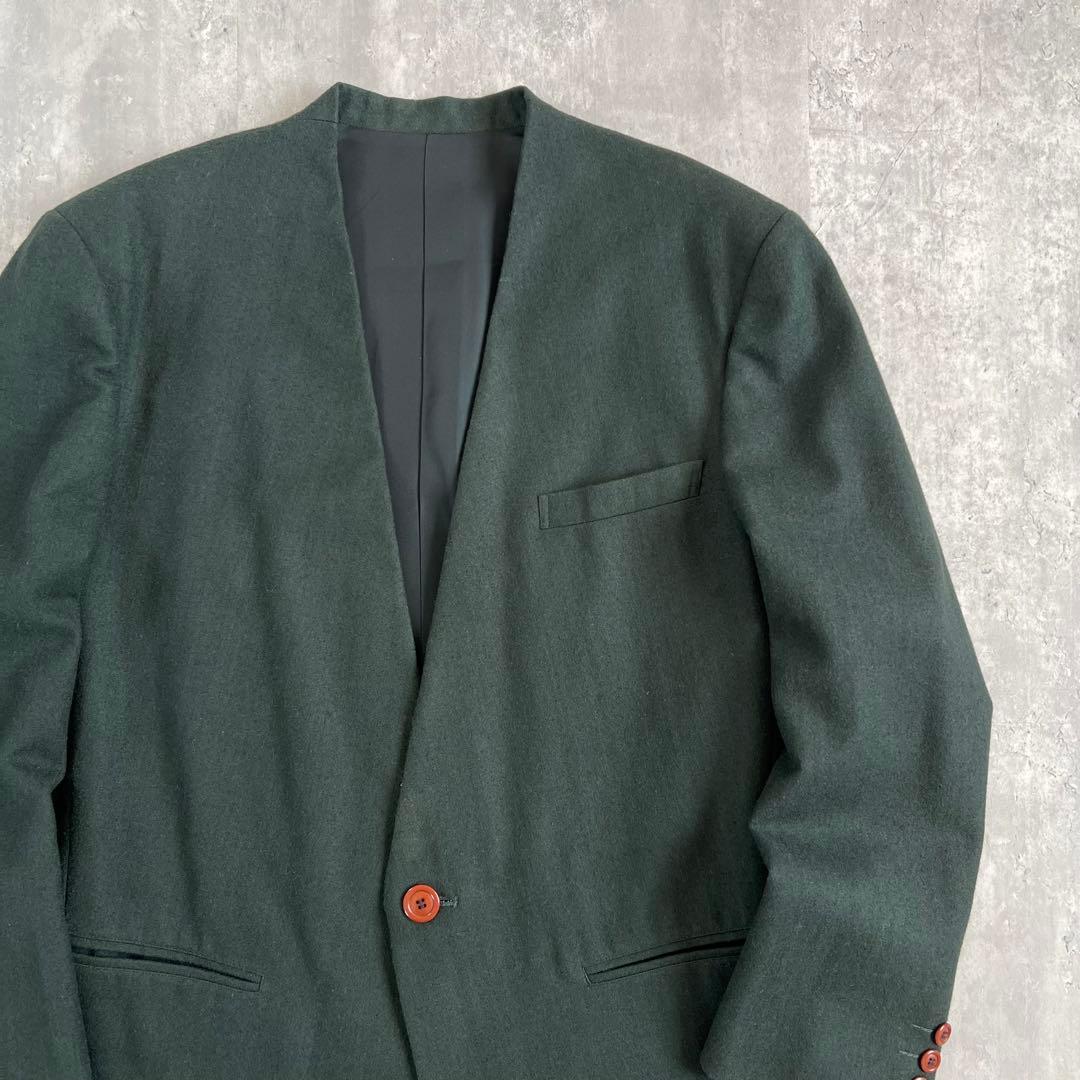 イッセイミヤケメン　80s　筆タグ　ウール　ノーカラージャケット　グリーン　M