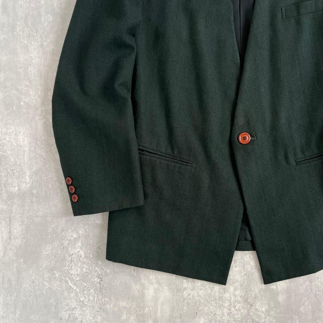 イッセイミヤケメン　80s　筆タグ　ウール　ノーカラージャケット　グリーン　M