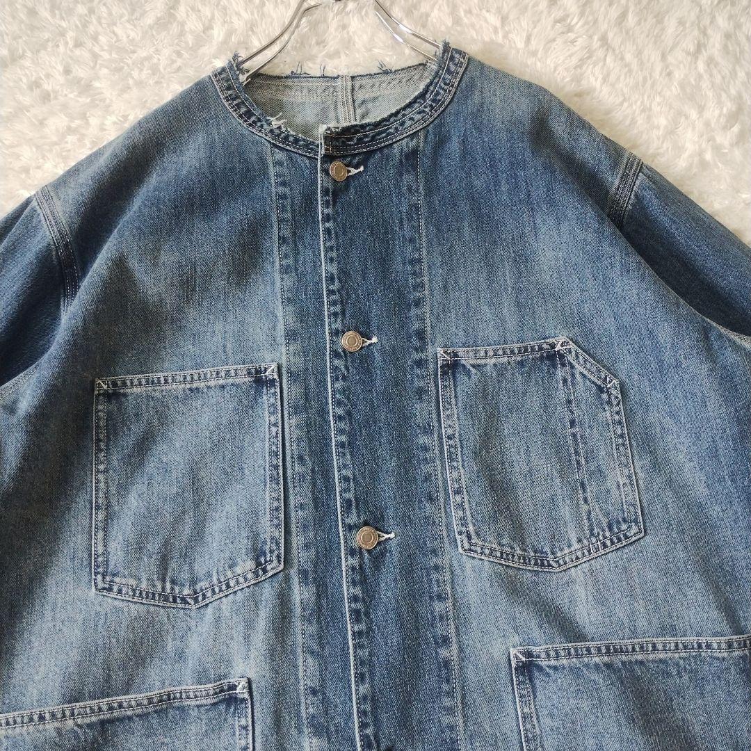 【極美品】カフネ　デニム　カバーオール　ノーカラー　ジャケット　洗える　ブルー