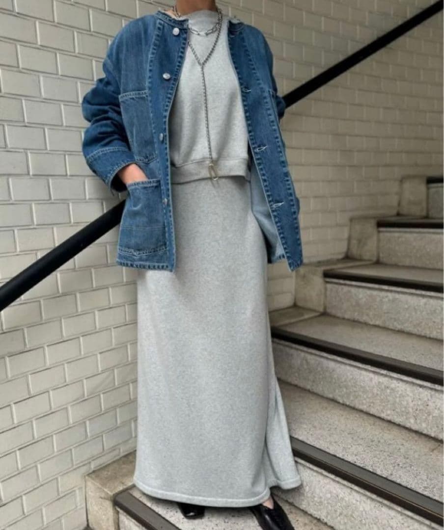 【極美品】カフネ　デニム　カバーオール　ノーカラー　ジャケット　洗える　ブルー