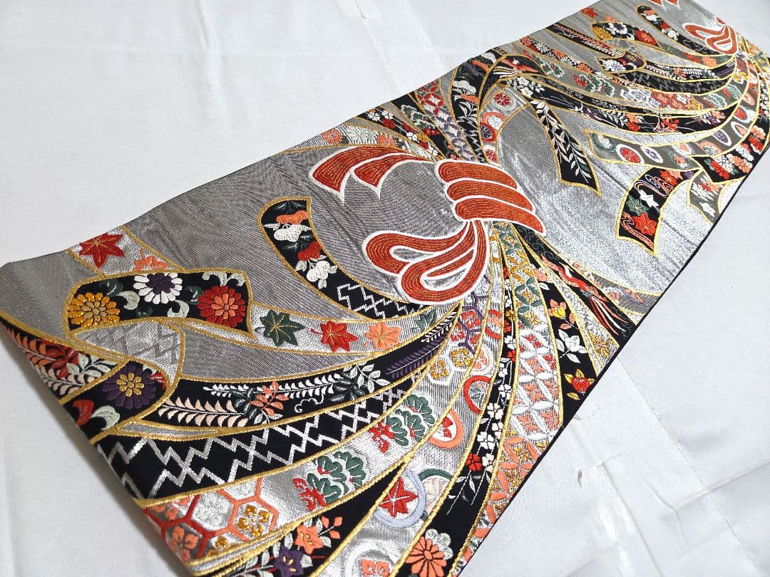 A5◆着物くつろぎ 束ね熨斗花文 銀糸 黒 六通 正絹 フォーマルな袋帯