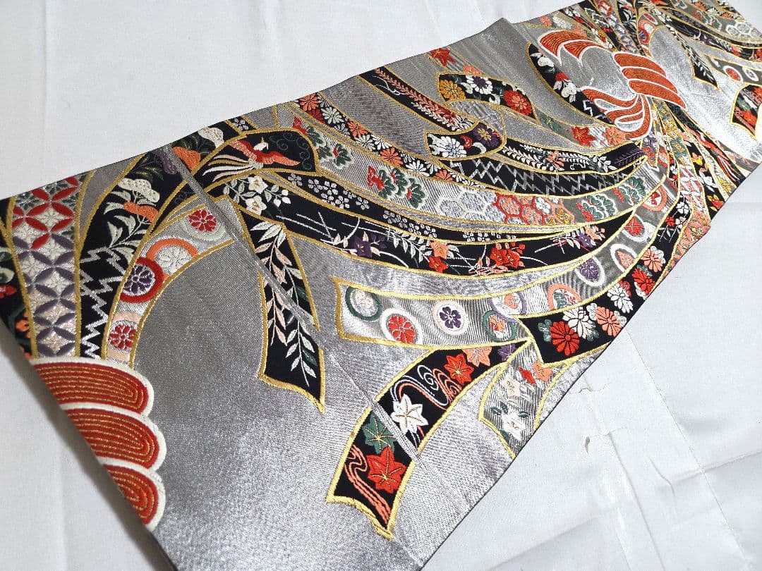 A5◆着物くつろぎ 束ね熨斗花文 銀糸 黒 六通 正絹 フォーマルな袋帯