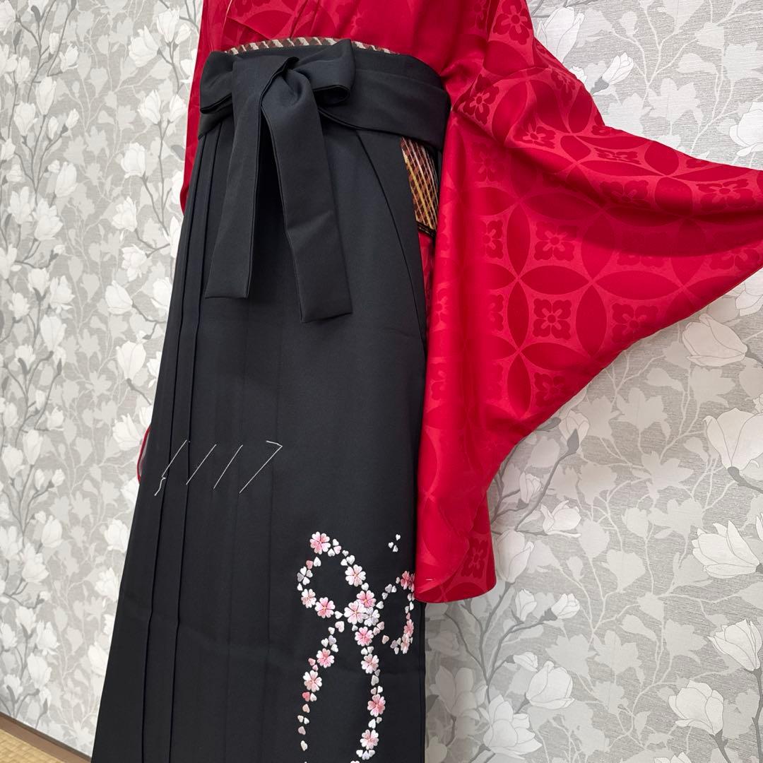 卒業式　２尺袖袴4点セット　赤無地七宝