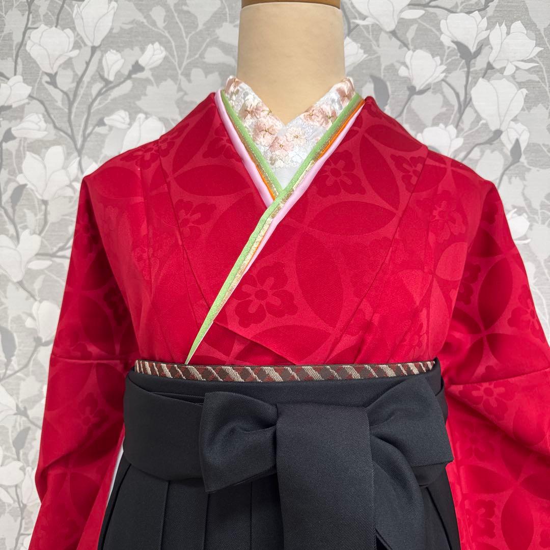 卒業式　２尺袖袴4点セット　赤無地七宝