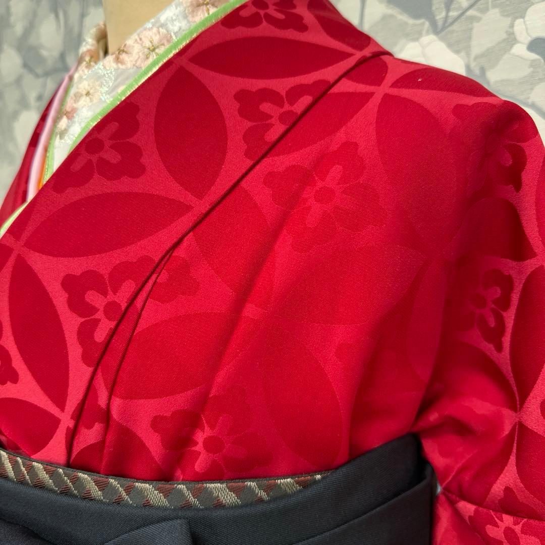 卒業式　２尺袖袴4点セット　赤無地七宝