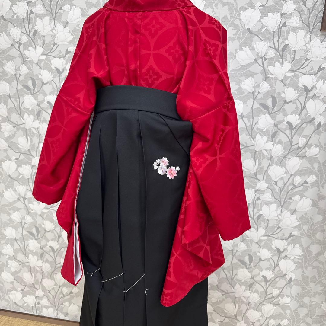 卒業式　２尺袖袴4点セット　赤無地七宝