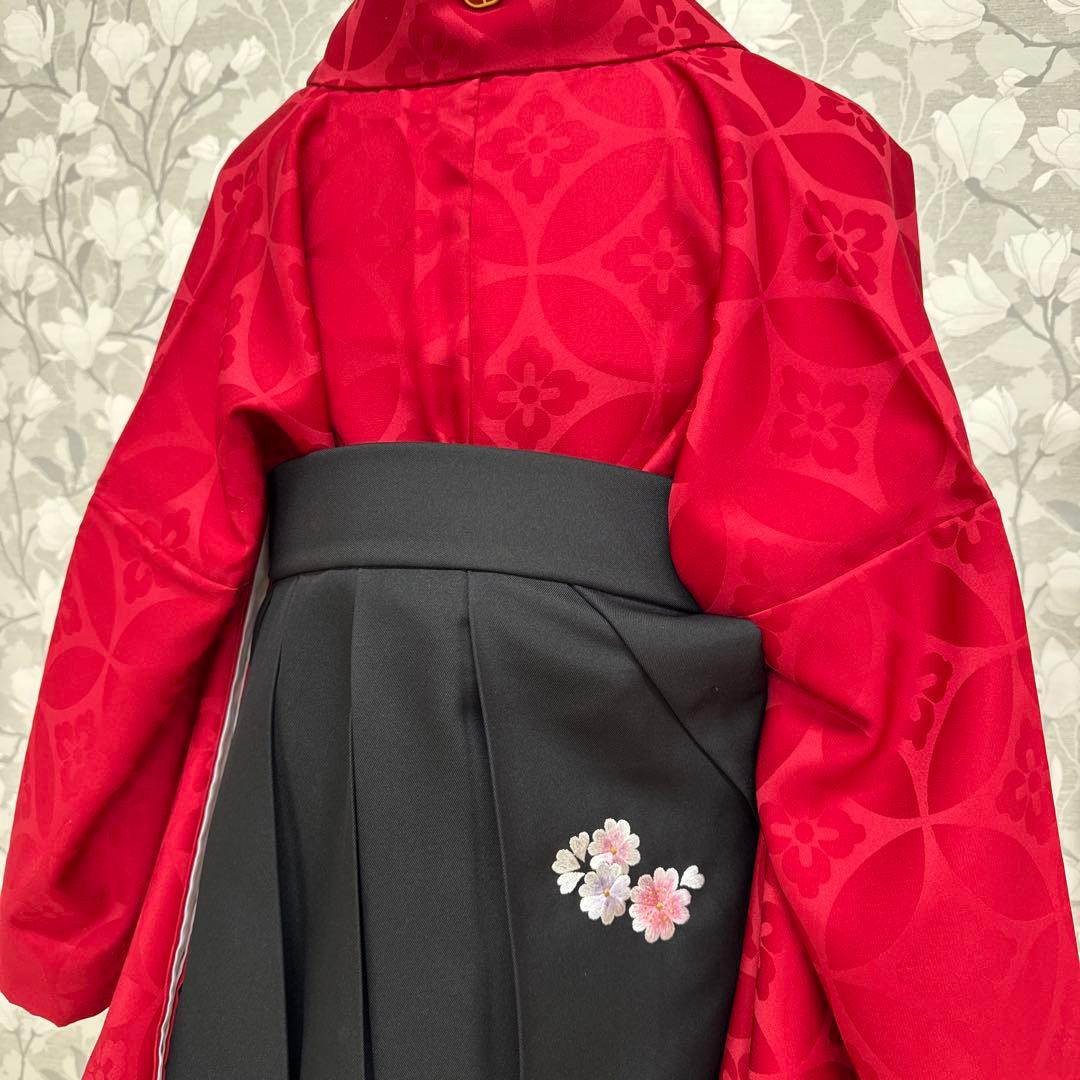 卒業式　２尺袖袴4点セット　赤無地七宝