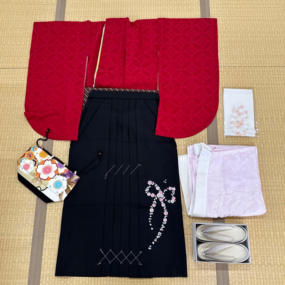 卒業式　２尺袖袴4点セット　赤無地七宝