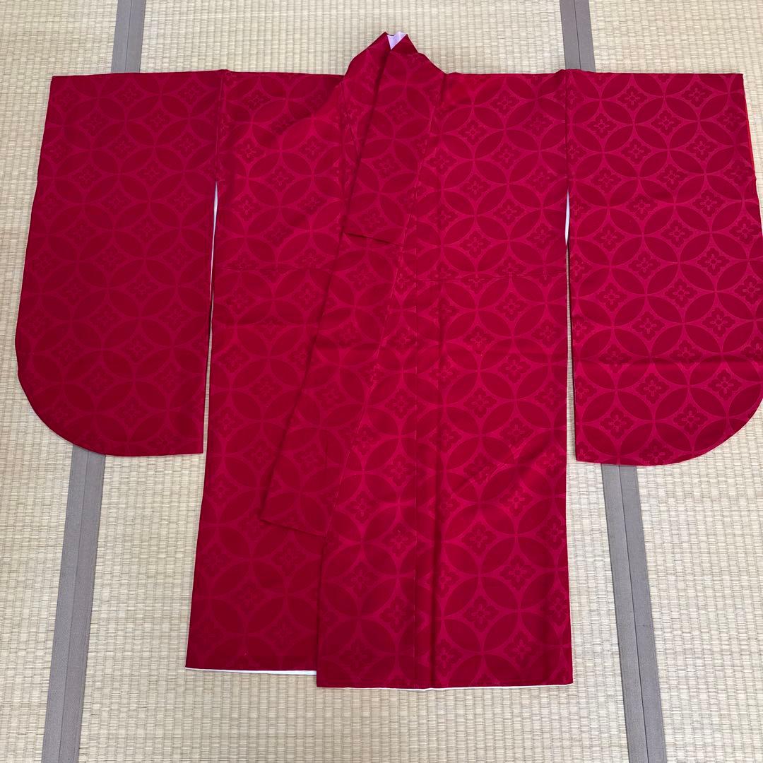 卒業式　２尺袖袴4点セット　赤無地七宝