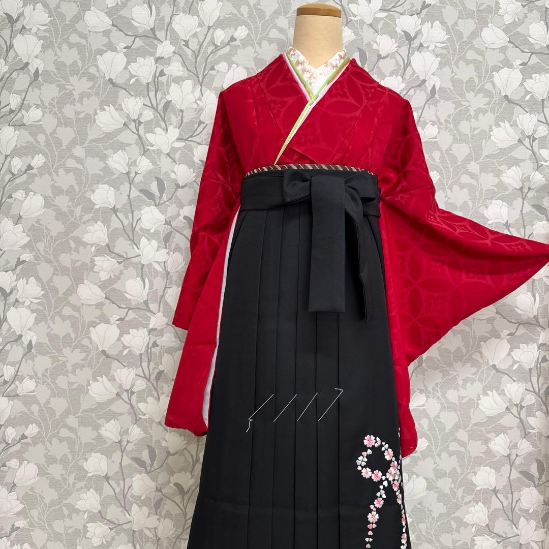 卒業式　２尺袖袴4点セット　赤無地七宝