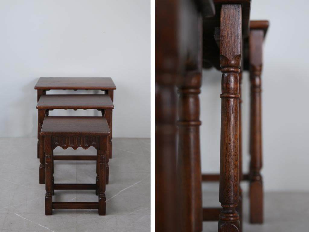英国アンティーク木製ネストテーブル3台/収納式机/サイドテーブル(83-149)