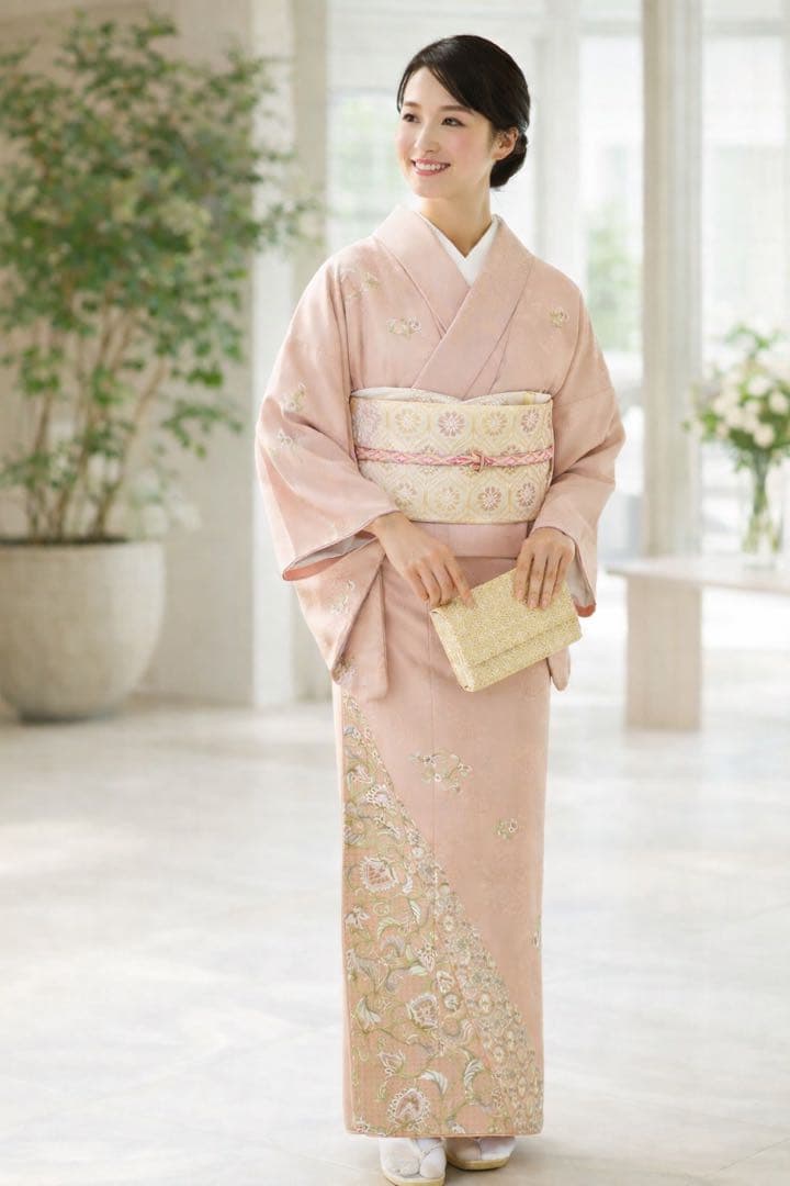 SALE‼️高級感溢れる【訪問着】手刺繍　地紋　正絹　逸品　　裄長め