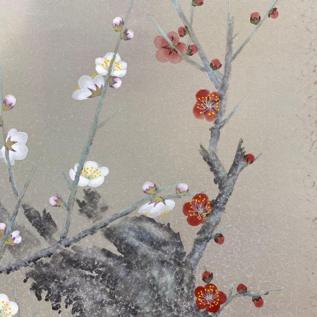 美品 掛け軸 柳沢寿江作 紅白梅図 共箱 太巻き 縁起物