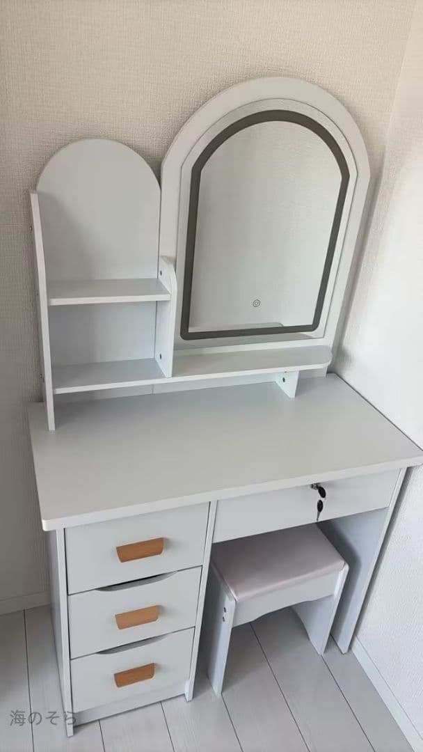 ホワイト 木製 80cm テーブル 大容量収納 3 色 LED ミラー 化粧台
