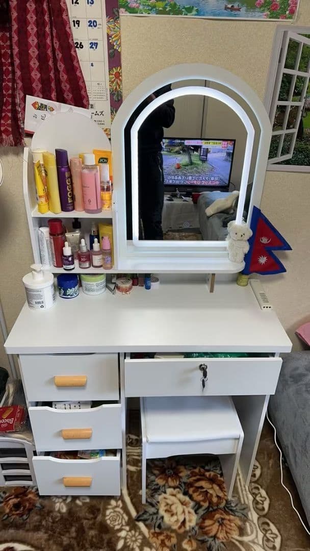 ホワイト 木製 80cm テーブル 大容量収納 3 色 LED ミラー 化粧台