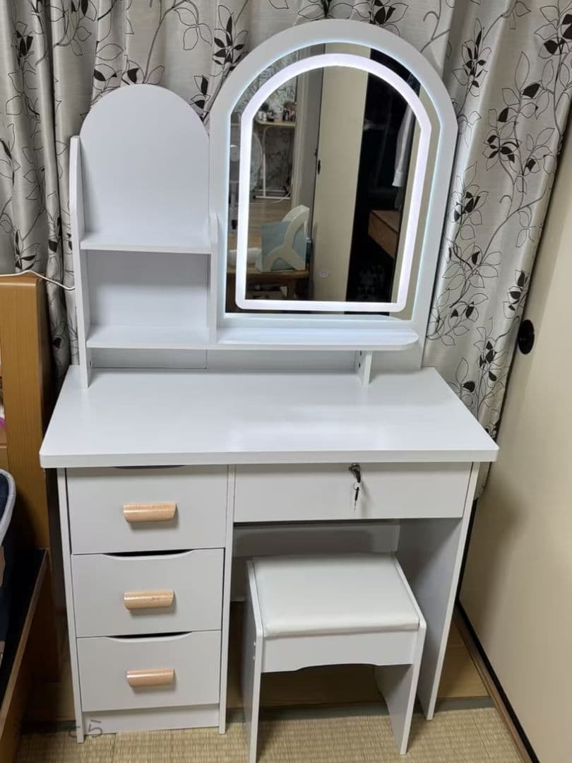 ホワイト 木製 80cm テーブル 大容量収納 3 色 LED ミラー 化粧台