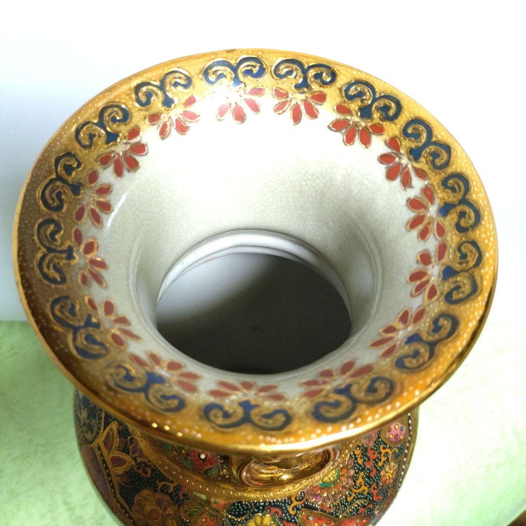 薩摩焼　武士　武将　花蝶　色彩　花瓶　壺　骨董品　豪華絢爛　高さ36cm