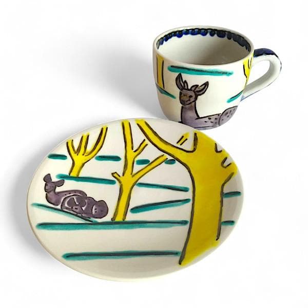 九谷焼 海部公子 絵付け カップ＆ソーサー 1客 共箱 黄布 経歴書 直筆サイン