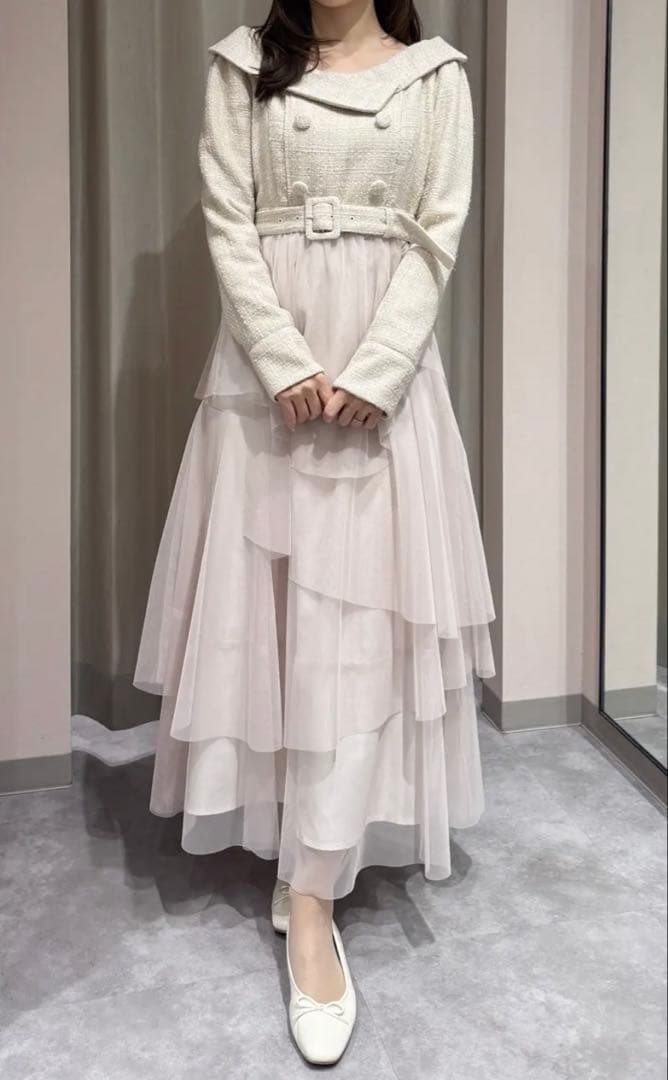 土日限定お値下げ中‼️アンミール　チュールドッキングツイードワンピース　ピンク