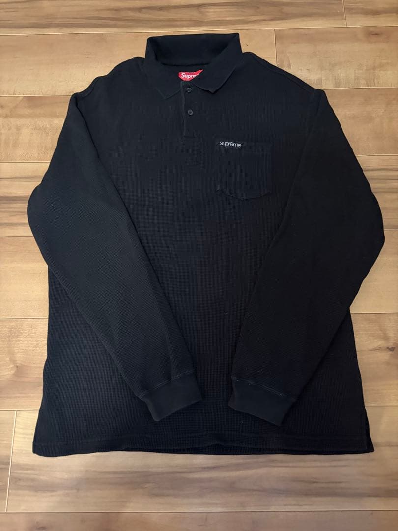 Supreme ワッフル ポロシャツ 黒 M ロンT 長袖