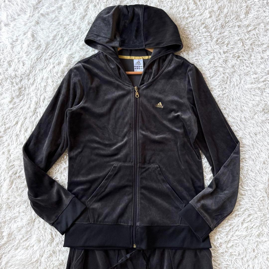 アディダス　ベロア　ジャージ　セットアップ　ロゴ　ブラック　OT 黒　XL
