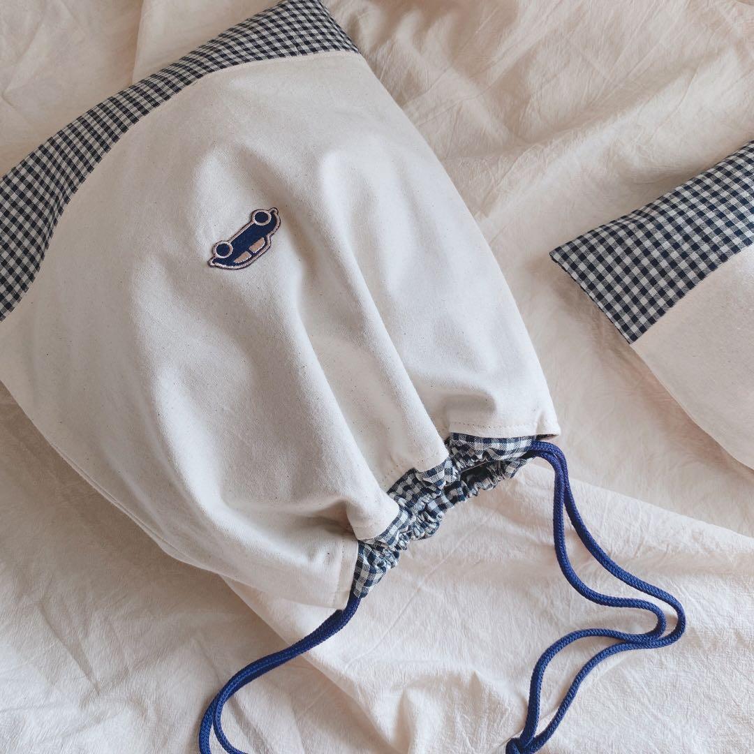 ハンドメイド　4点セット　入園入学グッズ　くるま　ネイビー　チェック　シンプル