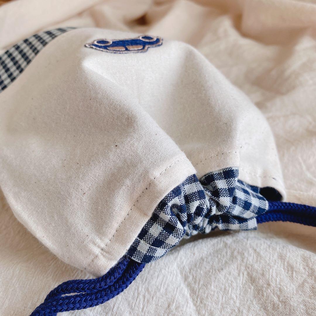 ハンドメイド　4点セット　入園入学グッズ　くるま　ネイビー　チェック　シンプル